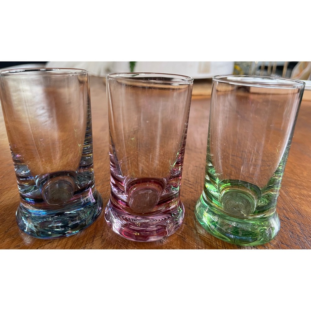 Vintage MCM Thumbprint Base Cordial Shot Glasses Set 3 Optic Ribbed Jewel Tones